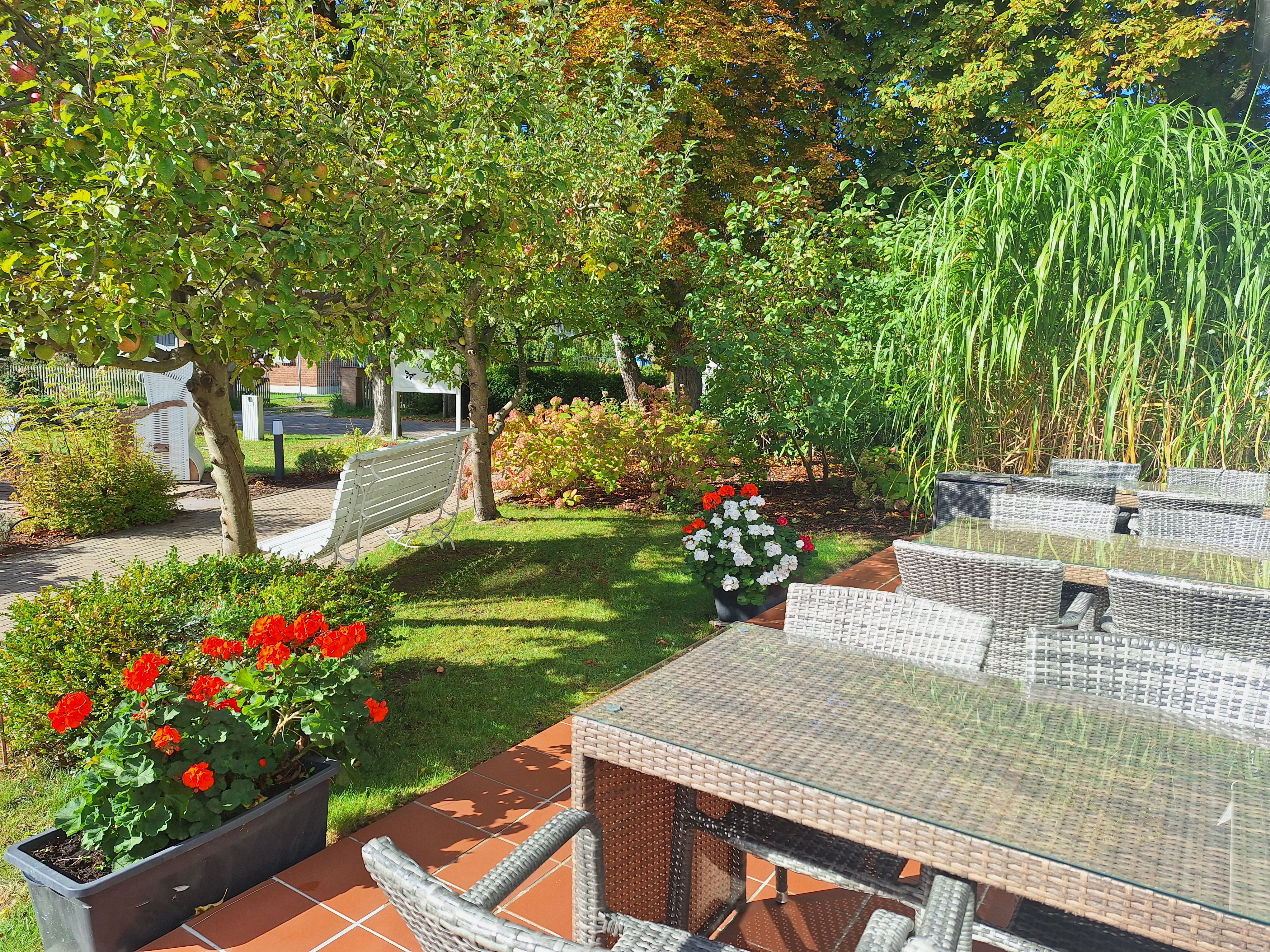 Terrasse mit roten Geranien im Herbst